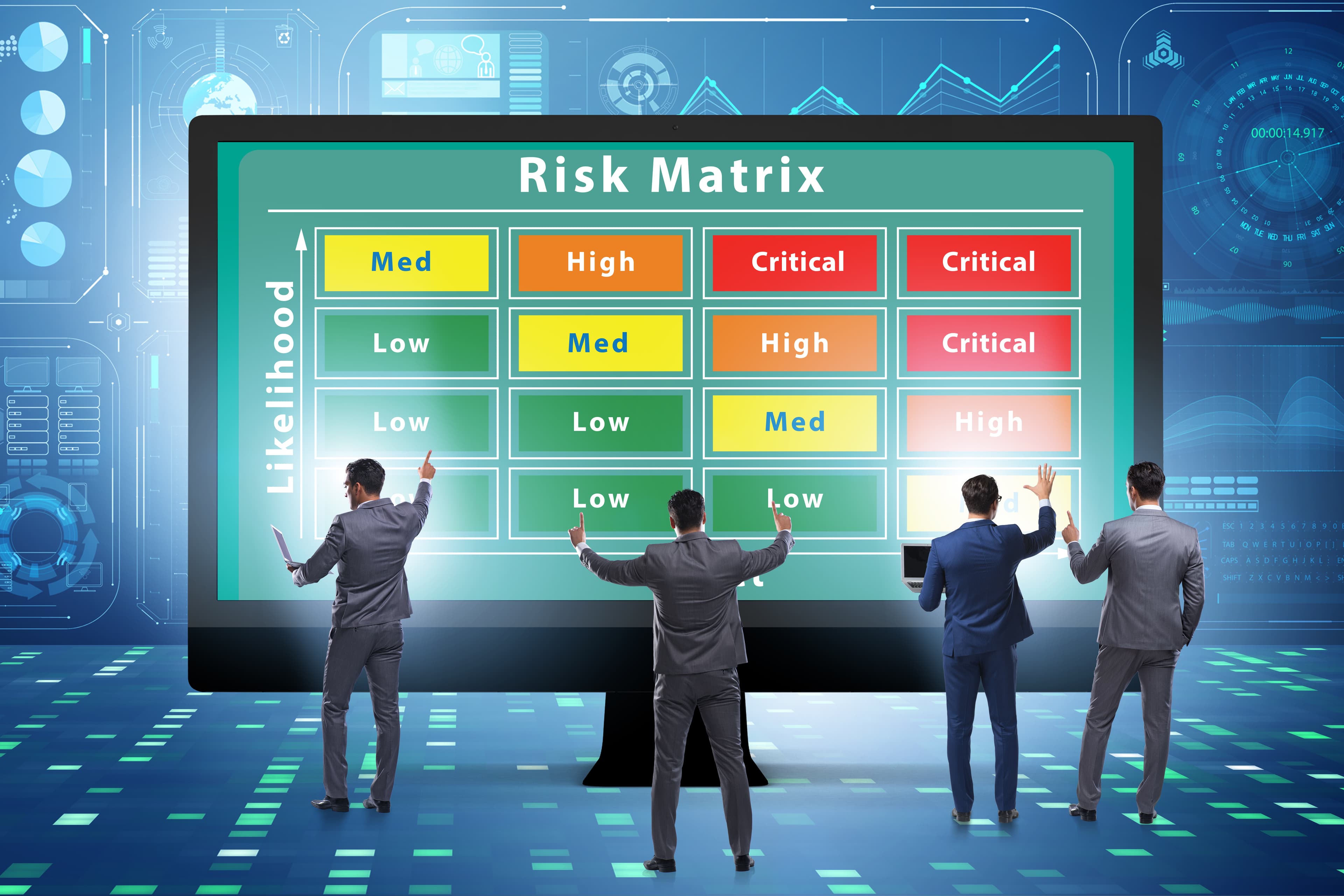 Risk review session with stakeholders around a meeting table.