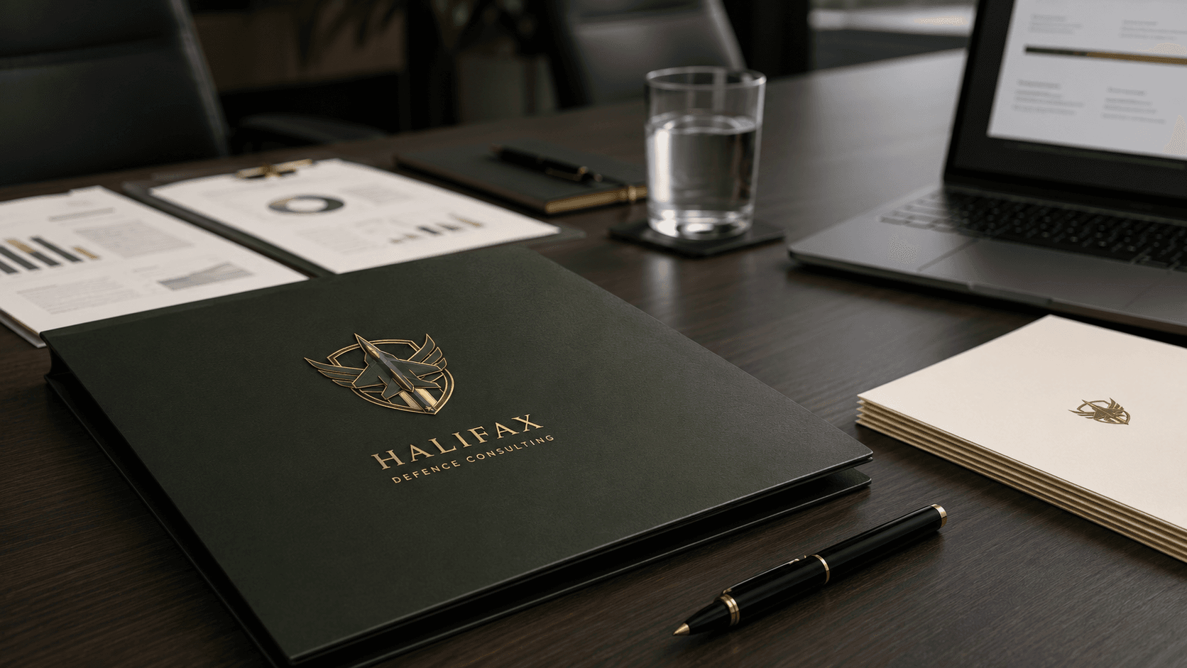 Policy document folders and notebook on desk